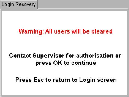 Pressing OK will remove all users from the PAT400 and create a single Supervisor account. If necessary, contact your supervisor before continuing, or press ESC to abort. 4) Press OK to continue.