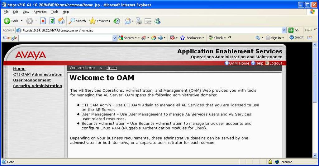 The Welcome to OAM screen is displayed next.