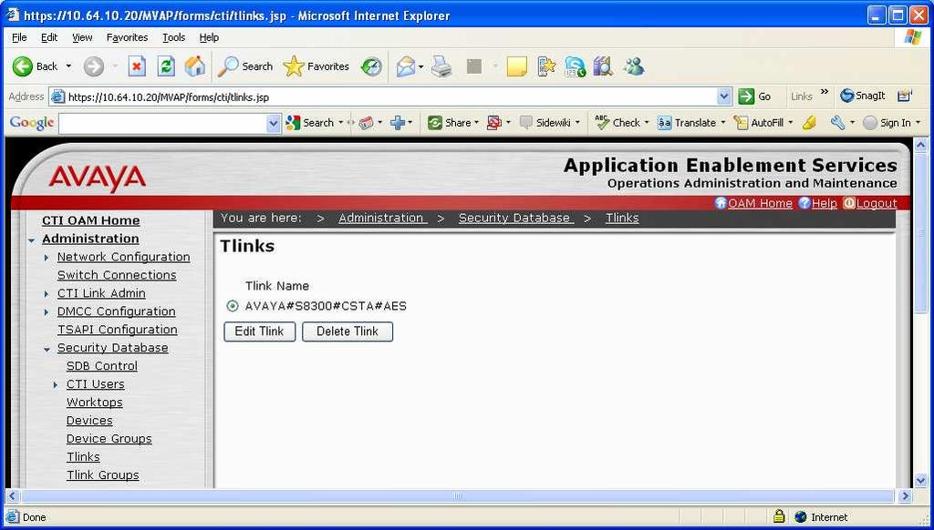 Select Administration -> Security Database -> CTI Users -> Tlinks from the left pane. The Tlinks screen shows a listing of the Tlink names.