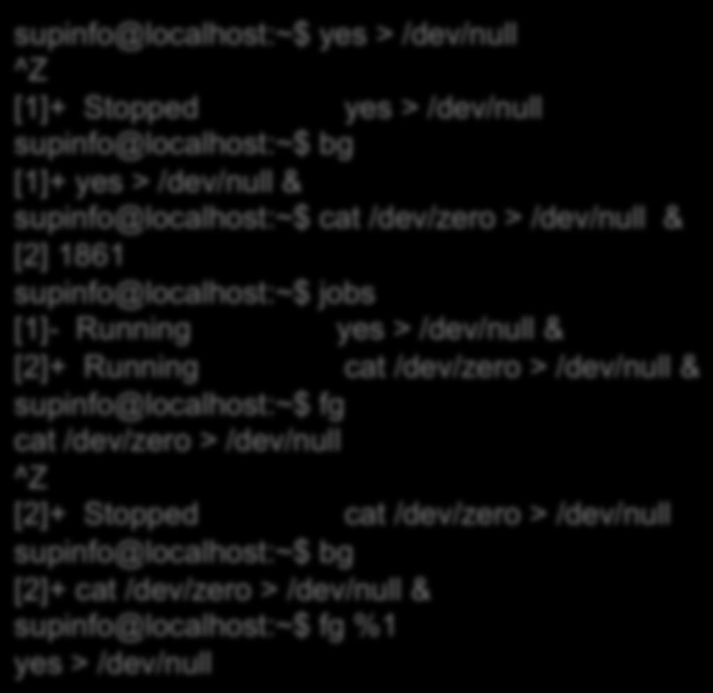 Running processes Processes in the shell supinfo@localhost:~$ yes > /dev/null ^Z [1]+ Stopped yes > /dev/null supinfo@localhost:~$ bg [1]+ yes > /dev/null & supinfo@localhost:~$ cat /dev/zero >