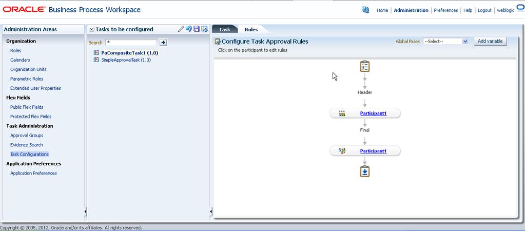 Chapter 9 Using Task Configuration in Process Workspace To view a rule set for a rule-based participant: 1. From the Process Workspace toolbar, click Administration.