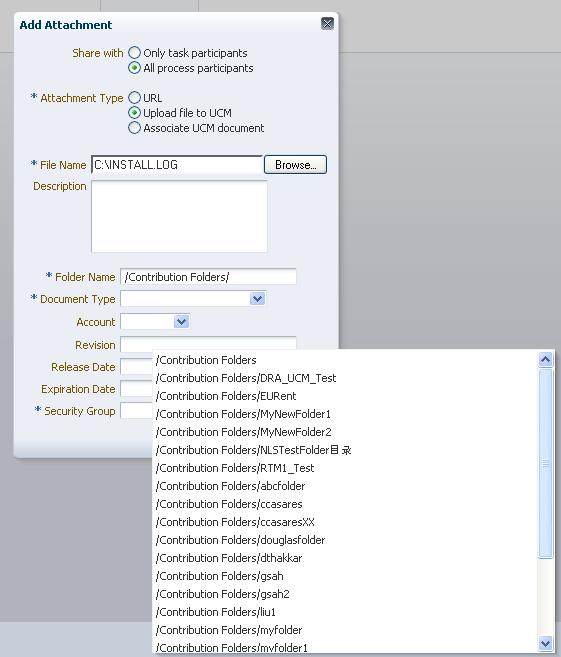 Chapter 2 Adding Comments and Attachments to Tasks in Process Workspace Figure 2-7 Possible Destination Folders Document type: From this list, select the WebCenter Content document type.