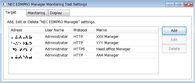 4. How to delete the registered target. This page describes how to delete registered NEC ESMPRO Manager from this tool. Detail of this, please refer to online help of this tool. 1.