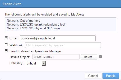 6. In the Alerts dialog box, set the Raise an alert option for each enabled