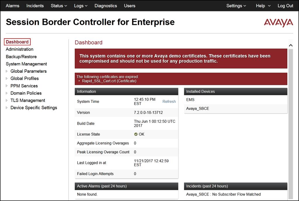 Once logged in, the Dashboard screen is presented. The left navigation pane contains the different available menu items used for the configuration of the Avaya SBCE.