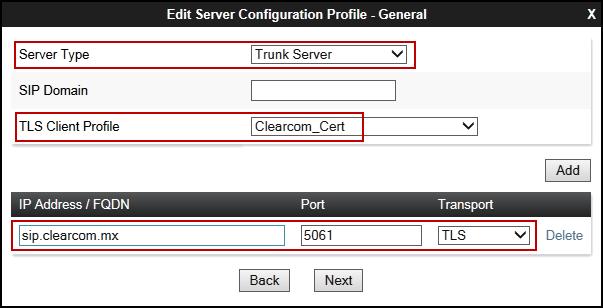 7.8.2. Server Configuration Profile Service Provider Similarly, to add the profile for the Trunk Server, click the Add button on the Server Configuration screen (not shown).