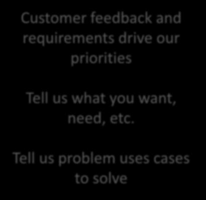 feedback and requirements drive our priorities Tell us what you want, need, etc.