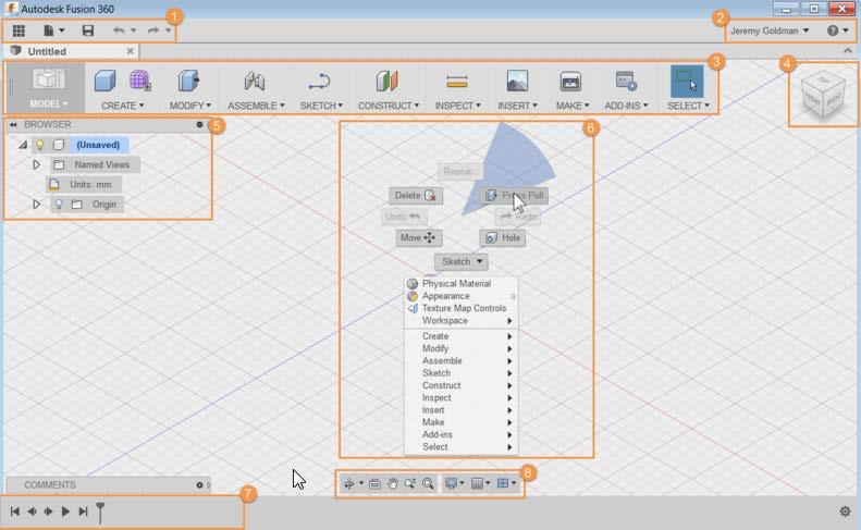 Step 2: Review the Fusion 360 User Interface 1. Application bar 2. Profile and Help 3. Toolbar 4. ViewCube 5. Browser 6. Canvas and marking menu 7. Timeline 8.