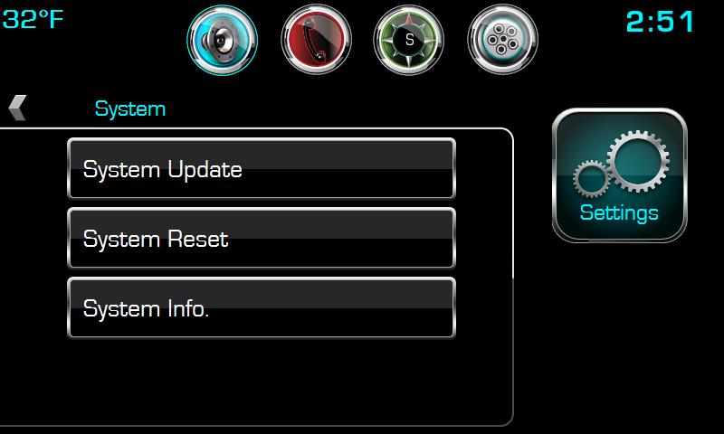 Interface System Settings The interfaces System Settings allows you to do the following: System Update: Used to update the interfaces firmware. Note Navigation updates are done through the Navigation.