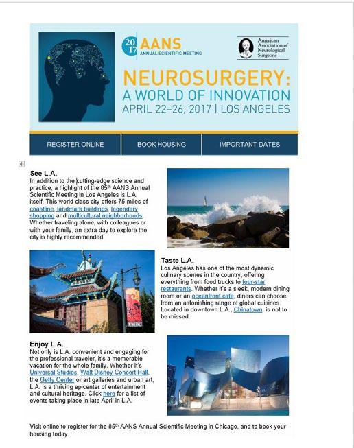 2018 AANS Annual Scientific Meeting Opportunities Meeting Digest E-newsletter The AANS will distribute several HTML-based 2018 AANS Annual Scientific Meeting E-newsletters to highlight and promote