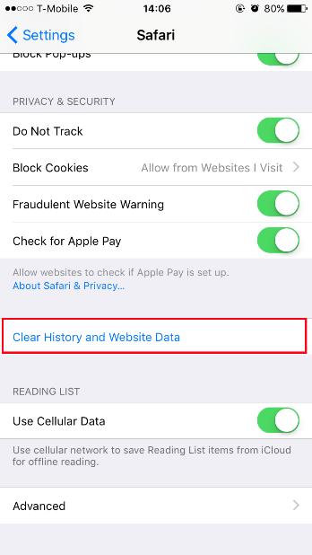 Scroll down and tap on Clear History and Website Data.
