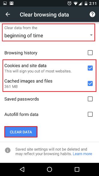 images and files are checked. Select Clear Data.