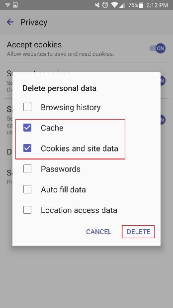 Make sure Cache and Cookies and site data