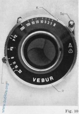 5. Setting the shutter speeds 6.1. The Vebur Shutter The Vebur is a between-the-lens shutter with speeds ranging from 1 sec. to 1/250 sec. and B (any desired length of time) (Fig. 10).