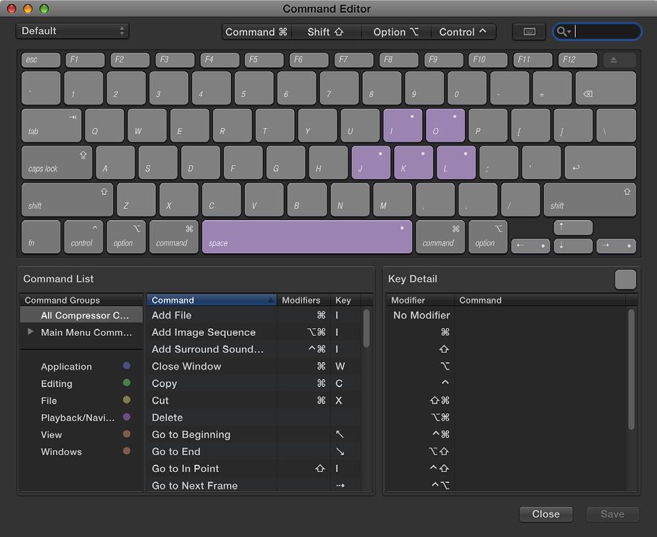 Customize keyboard shortcuts View keyboard shortcuts in the Command Editor Compressor provides a wide variety of menu commands and keyboard shortcuts that let you control almost every aspect of your