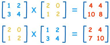 Order of Multiplication In arithmetic we are used to: 3 5 = 5 3 (The Commutative Law of Multiplication) But this is not generally true for matrices (matrix multiplication