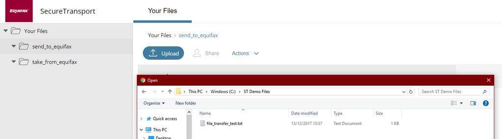 The send_to_equifax folder will be used to send (upload) files to Equifax and the take_from_equifax folder will be used to retrieve (download) files from Equifax.