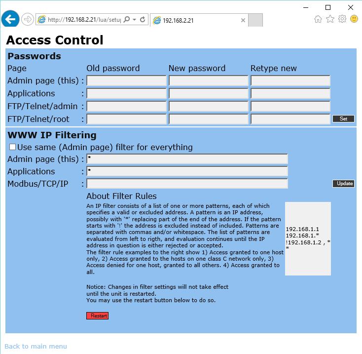 Network configuration of the option N board Click the bottom link, "Access Control", to change the access control parameters of the Option N card (user name = admin, password = admin).
