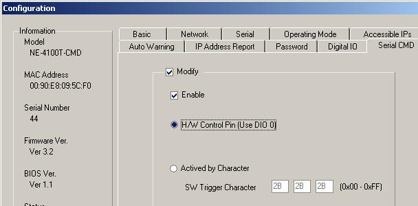 Check the Modify box to change the configuration. If the Enable box is not checked, then Serial Command Mode is disabled.