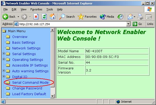 Web Console NE-4100 Series Serial Command Mode User s Guide The Network Enabler Web Console provides ready access to NE-4100-CMD via web browser.