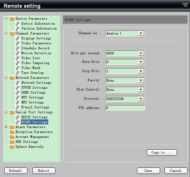 Refer to Chapter 4.2 and Chapter 4.3 for entering the remote configuration of DS-6500 Encoder Server. In RS-485 Settings menu, as shown in Figure 4.4.1, configure the bit rate, receiver protocol and address, which must be the same with the configuration in connected pan/tilt unit or speed dome.