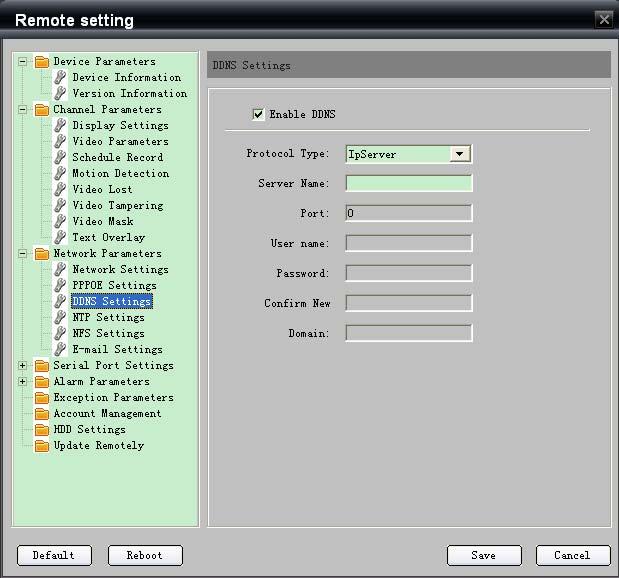 Figure 5.1.2 DDNS Settings Select DDNS Type. Three different DDNS types are selectable: IpServer, PeanutHull and DynDNS. IpServer: Enter Server Address for IpServer.