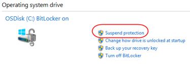 Page 4 Suspend BitLocker 1. Open Control Panel, and then select System and Security. 2. Select BitLocker Drive Encryption, and then select Suspend protection. 3. When prompted to confirm, select Yes.