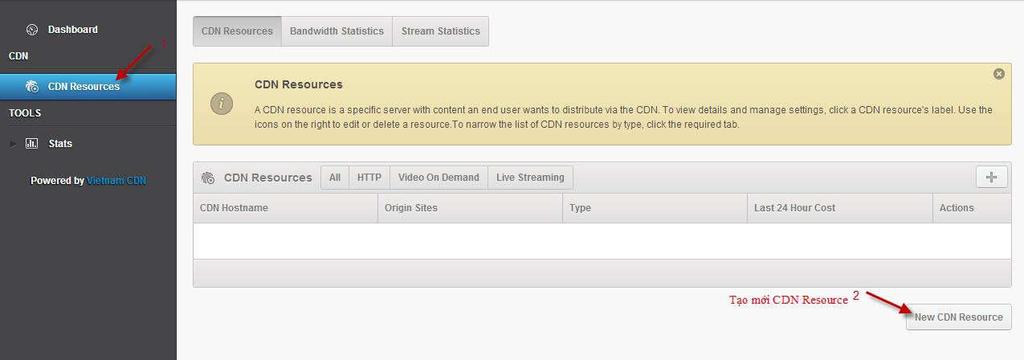 - Sau khi tạo xong gói dịch vụ, đăng nhập trang quản lý tại địa chỉ http://cp.cdn.com.vn III. THIẾT LẬP DỊCH VỤ HTTP 1. Tạo CDN Resources - Đăng nhập tài khoản quản lý tại địa chỉ http://cp.cdn.com.vn - Click chọn CDN Resources -> New CDN Resources.