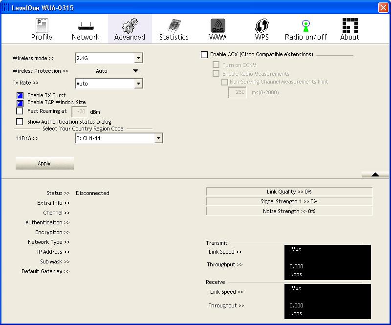 Windows XP Screen: Advanced Screen Advanced Wireless Mode Enable Tx Burst Select the desired wireless mode.
