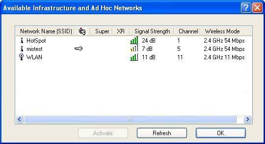 3.2.1 Scan for available networks Click on the Scan button to view a list of available infrastructure and ad-hoc networks.