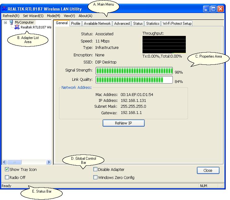 Wireless LAN Management GUI 5 Wireless LAN Management GUI Introduction of Main Window A. Main Menu 1.