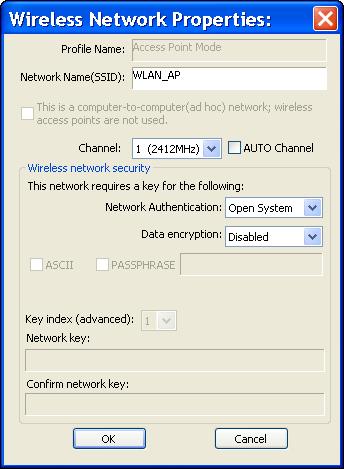 Access Point Mode a. Network Name (SSID) Name of the AP searchable by other wireless nodes. The length of SSID should be shorter than 32 characters. b. Channel Select the wireless channel within current channel plan.