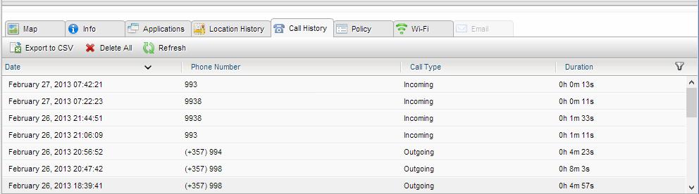 Call History Tab The Call history tab shows all calls made on the device. You can export the data to CSV format for further analysis in another application.