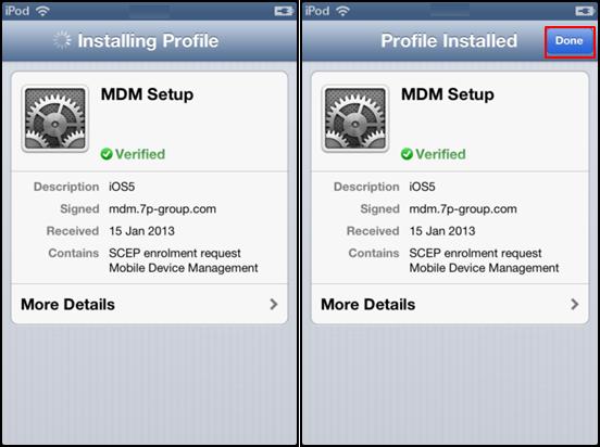 2.6.3 Apple MDM profile installed The Apple profile installer has completed when the "Profile Installed" page is shown Figure 6 Profile installation complete. Please note, the process takes approx.