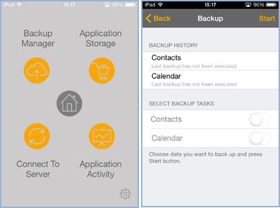 4.3.2 MDM Client Quick Task screen Backup Manager Selecting the "Backup Status" navigation bar will allow the user: To observe when either a device "Contacts", device "Calendar" or both "Calendar and