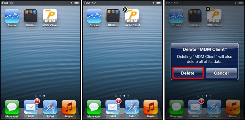 1 MDM Server uninstall of the MDM Client When the MDM Client is removed via the MDM Server, the user will observe, if viewing their ios device that the MDM Client icon "disappears" from their ios