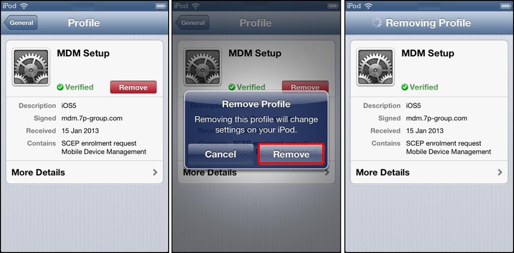 The user navigates to Settings > General > Profiles > MDM Setup on their ios device.
