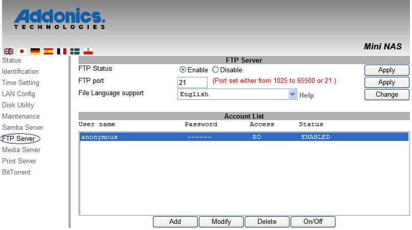How to delete a FTP account In the Account List, you can see an overview of the existing account and status.