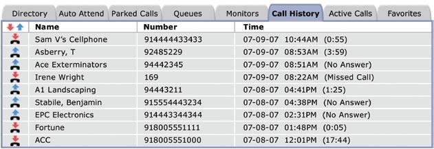 Call History Lists all calls that have been dialed and received by user. Blue up arrow indicates outbound call and red down arrow indicates incoming call.