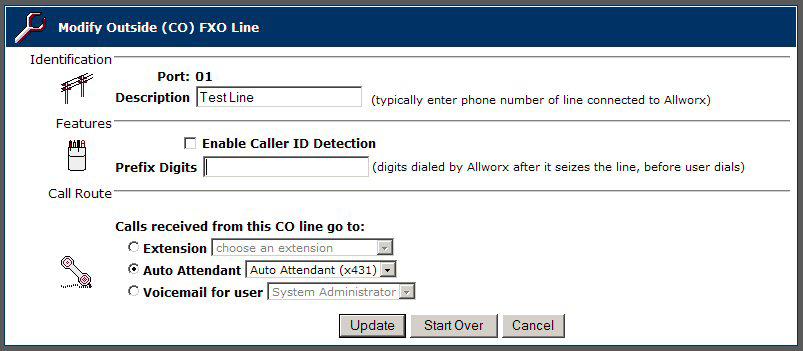 2. Click New FXO Line to program the line on which you want to set up prefix digits. Program New Outside (CO) FXO Line page 3.