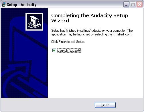 Click on Finish to complete the installation: Audacity should automatically start up, if not follow the next sequence: The Audacity icon will now be seen on the desktop, double click on it to start