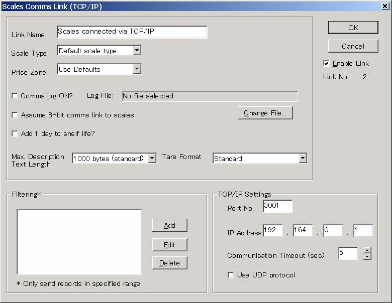 TCP/IP Settings Dialog Communication link settings Item Explanation Enable link Link name Scale type Price Zone Comms log ON Log file Assume 8-bit comms link to scales You can disable a link that is