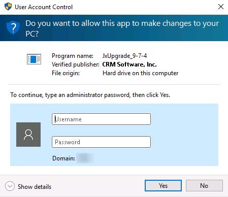 prompted to input Administrator credentials via a User Access