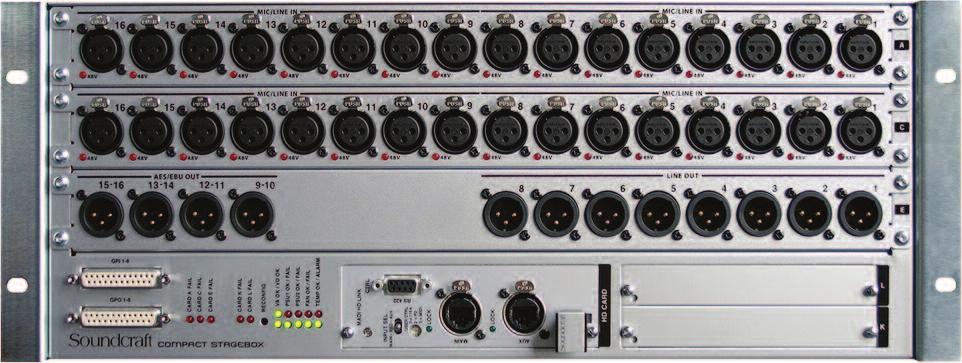 Other optional I/O cards available for the stagebox include CobraNet, Aviom A-NET 16V, and EtherSound (latter available from Digigram distributors).