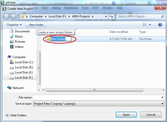 2- In the Create New Project dialog box, click New folder.