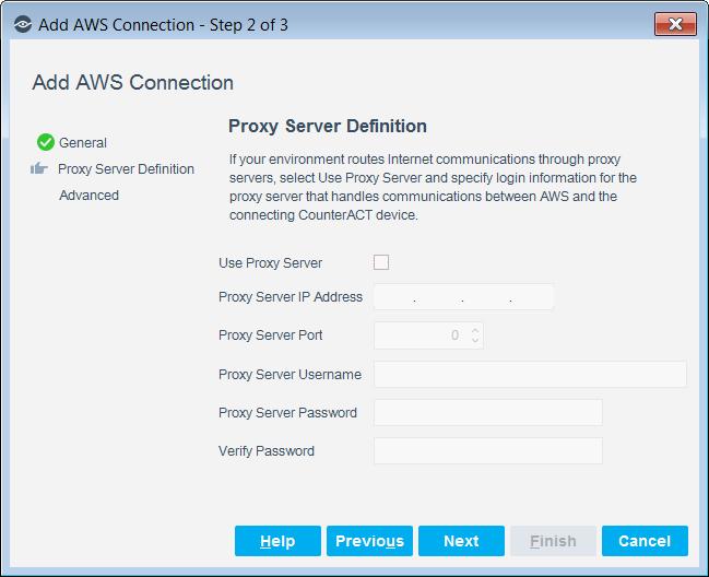 5. Select Next. The Proxy Server Definitions pane opens. It is optional to enter proxy server information.