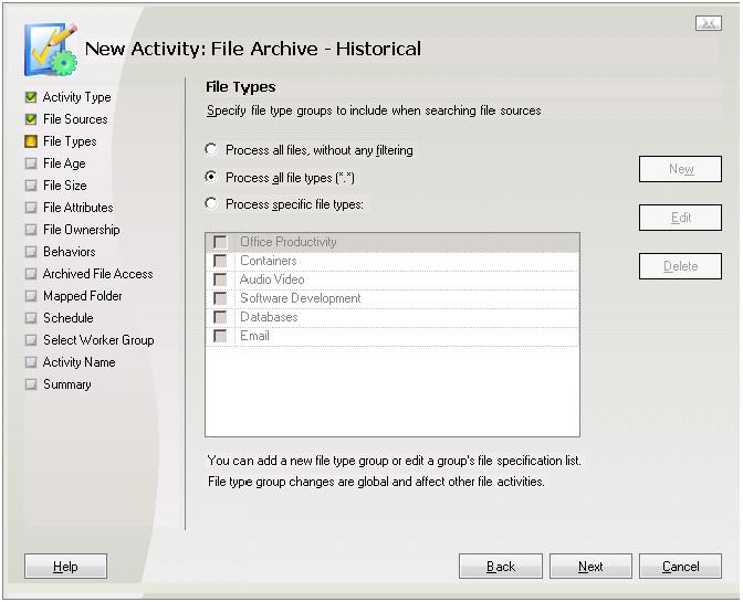 File Types (Files) Use the File Types page to specify the types of files the activity is to process. Figure 13 File Archive - Historical File Types page 1.