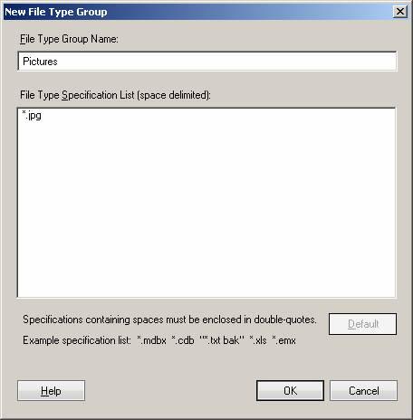 Figure 14 File Type Group dialog box Consider the following: You must include the asterisk as a wildcard character in the file name portion of the file type.