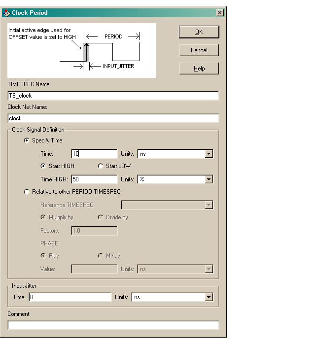 Constraints Editor 10. The Constraints Editor recognizes the one global signal in the design. Doubleclick in the Period window of the global clock signal. Figure 5-9: Clock Period Editor Window 11.