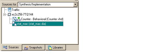 ) Figure 4-28: Source in Project Window Showing Model View Top-Level VHDL Designs At this point in the flow, two modules in the design are connected together by a top-level file.